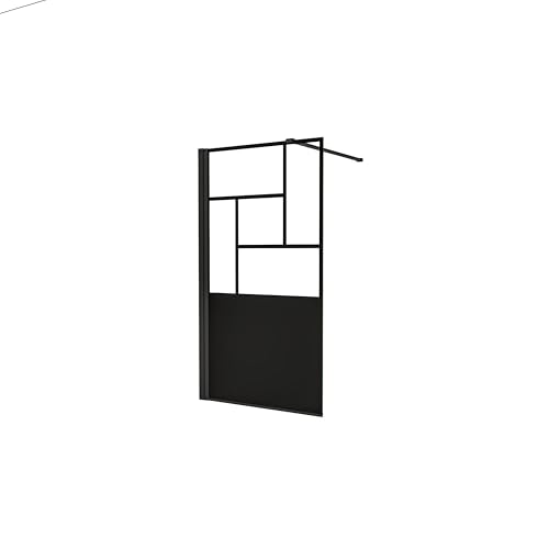 AICA Walkin Mampara Panel de ducha Pantalla Panel Fijo estilo industrial Cristal Antical 8mm con Barra1 90cm Perfil Negro Mate,(877-900) x2000mm
