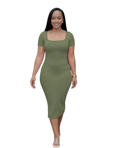 Image of TOPSRANI Women Sexy Midi Dress Bodycon Casual Sleeveless Basic Ruched Tank Summer Club Party Dresses