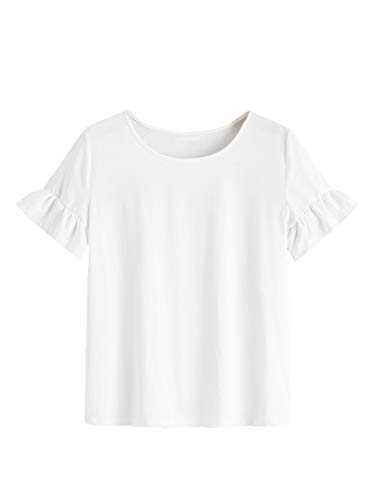 WDIRARA Women s Casual Ruffle Sleeve Round Neck Solid T Shirt White L