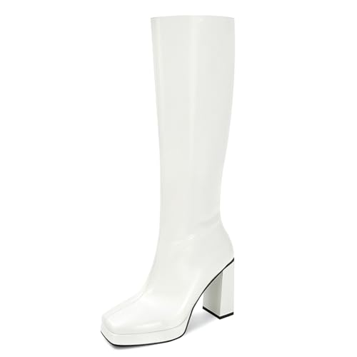 Dsevht White Leather Knee High Boots for Women Platform Chunky Block Heeled Tall Long Boots Square Toe and Side Zipper Design Fashion Dress 70s Gogo Boot