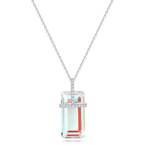 EVERLEAD Healing and Romantic Rainbow Moonstone Necklace for Women - Big Authentic Moonstone - Premium Sterling Silver Chain & Diamond Cutting - Light Luxury Gift for Women.