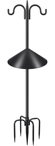 Gtongoko Bird Feeder Pole Squirrel Proof, 108 Inch Double Shepherds Hook for Outdoor with Squirrel Baffles Adjustable Heavy Duty with 5 Prongs Base for Hanging Plants, Bird Feeders, Black