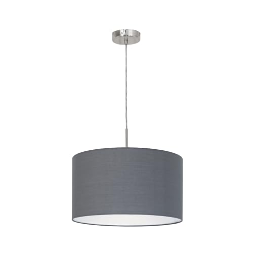 EGLO Hängelampe Pasteri, Textil Pendelleuchte über Esstisch, Deckenlampe hängend aus Metall in Silber mit Stoff Lampenschirm in Grau, E27 Fassung, Ø 38 cm
