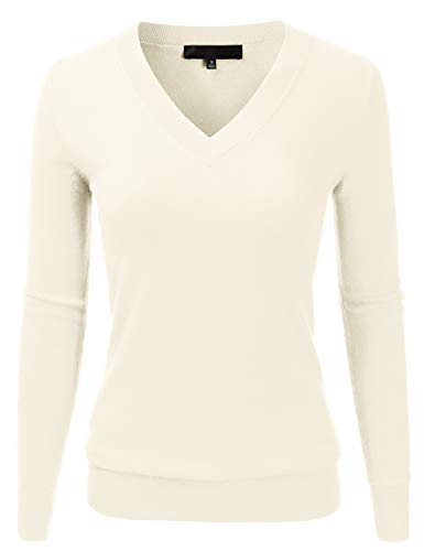 Image of EIMIN Women's Long Sleeve V-Neck Slim Fit Pullover Soft Knit Top Sweater Ivory M