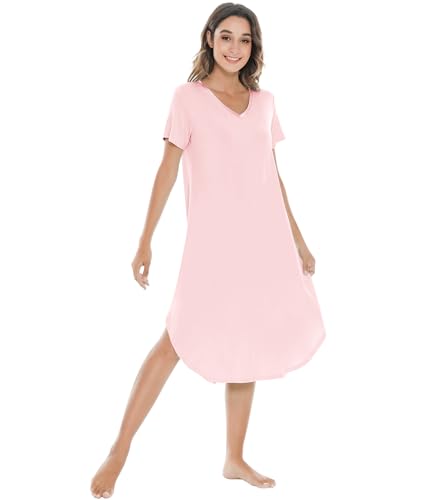 NACHILA Nightgowns for Women-Viscose Made from Bamboo, V Neck Sleepshirts Short Sleeve Sleepwear Cool Nightshirt