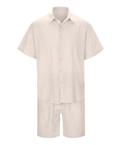 SHEKINI Men's Cotton 2 Piece Pajama Set Short Sleeve Button Down Shirt & Lightweight Shorts for Summer Beach Casual Outfits2