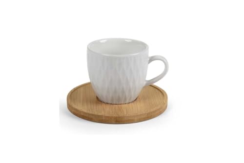 GICOS SRL Set 6 Tazze Tazzine Caffè Bianche in Ceramica con Piattini in Bamboo