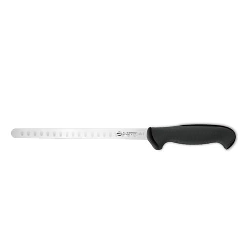 Ambrogio Sanelli, Linea Tecna Coltello salmone, lama alveolata cm 28 NERO con Lama in Acciaio Inox NitroB e Manico Ergonomico a grip evoluto, Coltello Professionale, Made in Italy