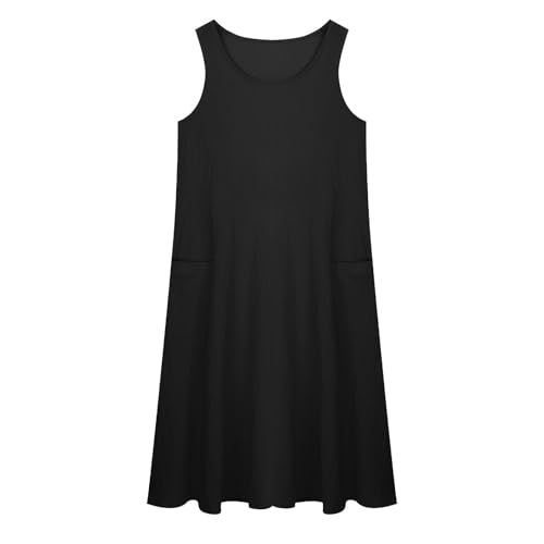 Girls Sleeveless Summer Cotton Linen Tank Dress Casual A-Line Crewneck Princess Pocket Maxi Dresses for Kids 5-16 Years4