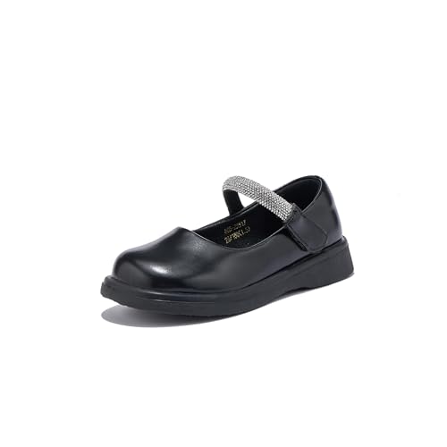 Girls Black Dress Shoes – Little & Big Kid Mary Jane Flats with Rhinestone Strap, Faux Leather Formal Shoes for Weddings, Parties, School Uniforms & Special Occasions