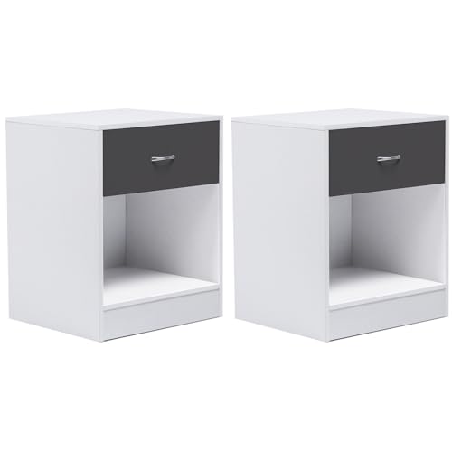 IDMarket - Lot de 2 Tables de Chevet Olga 1 tiroir avec Niche Bois Blanc et tiroir Gris