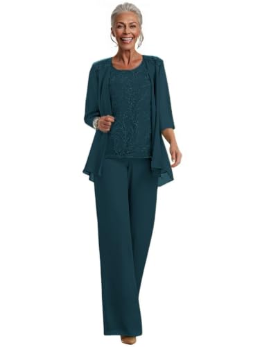 3 Piece Chiffon Mother of Bride Pant Suit Lace Tank Jacket Formal Outfit US16 Teal