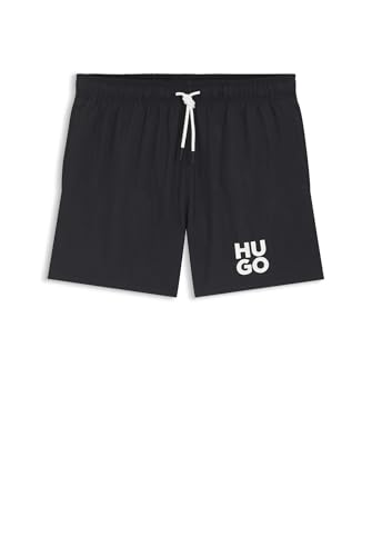 HUGO Mens Paolo Quick-Dry Swim Shorts with Printed Stacked Logo Black