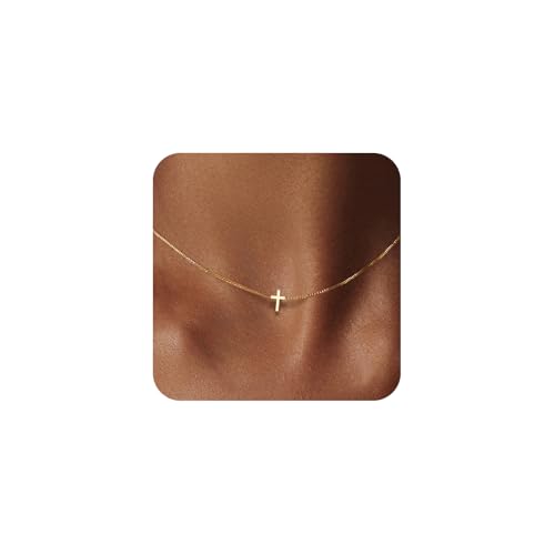 LULII Gold Necklace for Women, Gold Cross Necklace 14K Gold Plated Dainty Small Cross Pendant Choker Simple Cute Cross Box Chain Necklaces for Women Trendy Faith Jewelry Gift