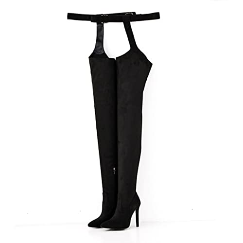 Damenmode Oberschenkel Hohe Stiefel, Overknee Spitze Zehe Sexy Hochhackige Stiefel Einteilige Stiefel Lange Stiefel Mit Gürtel - Weiches Leder Ohne Geruch,Grau,42 Cover