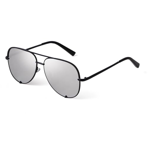 ADE WU Retro Oversized Aviator Sunglasses for Women Vintage Black Pilot Sun Glasses for Woman Ladies Anti Glare Silver Mirrored Lense 58mm