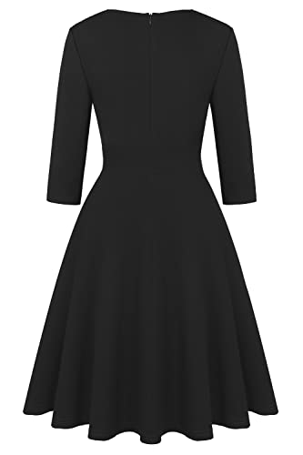 Owin Women's Vintage Floral Flared A-Line Swing Casual Crew Neck 3/4 Sleeve Party Dresses With Pockets Black M #TOP2