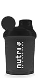 Nutri + Nano-Shaker - Jarra mezcladora (300 ml, extrapequeña, con tapón de rosca, tapa y colador, sin bisfenol A), color negro