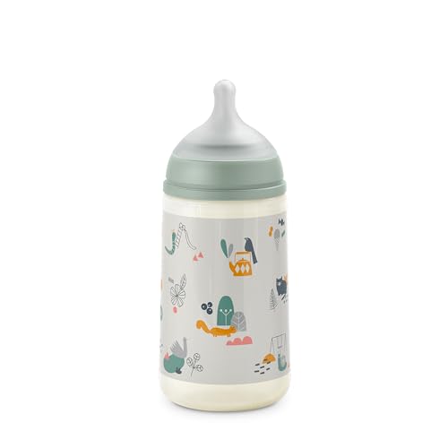 Suavinex Biberón 270 ml Con Tetina Fisiológica SX Pro de Silicona, Válvula Anticólico, Flujo Medio (M) Para Bebés +3 Meses - Walk Verde