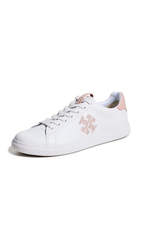 Tory Burch Women's Double T Howell Court Sneakers, Titanium White/Shell Pink, 10 Medium US