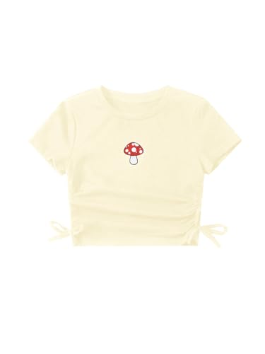Image of SHENHE Girl's Mushroom Print Short Sleev Crop Tops Ruched Drawstring Tee T Shirts