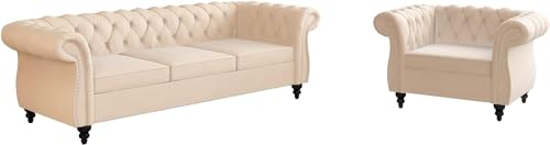 Image of A to Z Furniture Modern Classic Fabric & Valvet Tufted Chesterfield Sofa Living Room and Office (Beige)