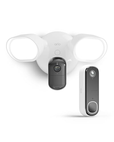 Arlo Floodlight Camara Vigilancia + FHD Videoportero WiFi, Inalámbrico, 160° Visión Nocturna, Sirena de Alarma, Detección Movimiento, Audio Bidireccio...