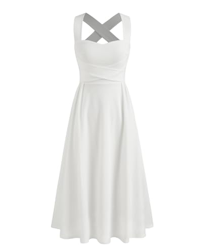 JKMNAO Women Wedding Guest Corset Midi Dress Summer Flowy A Line Crossing Straps Tea Party Dresses for 2026 White