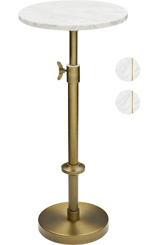 Adjustable-Height Marble Drink Table - 10x10x22-30, White Marble & Antique Brass, Modern Round End Table, Side Table with Pedestal Stand for Small Spaces, Vintage Metal Martini Cocktail Accent