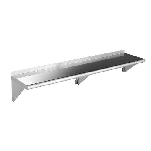 Image of ROCKPOINT Stainless Steel Shelf 12 x 60 Inches 400lb, NSF Metal Commercial Shelves Wall Mount Floating Shelving with Backsplash for Restaurant, Kitchen, Home and Hotel, Silver