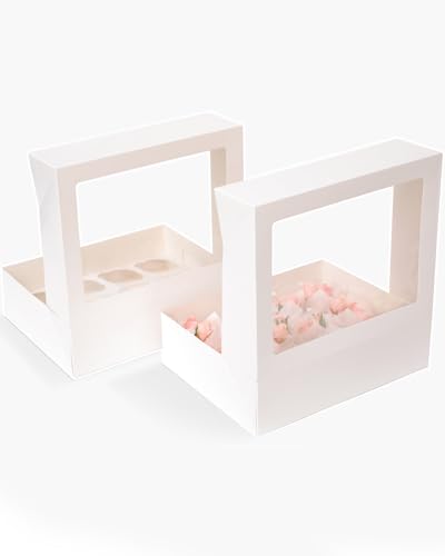 Image of Bakepacker Auto-pop Up Cupcake Boxes with Window White 40PCS 12 Count Cupcake Box 13 inchx10 inchx3.5 inch Cupcakes Carrier, 12 Cupcake Containers with 2 rolls of pink ribbons