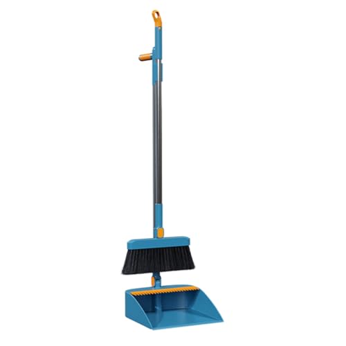 Diheohg Escoba y recogedor giratorios de 180 grados, juego de pala plegable en azul con juego de limpieza ergonómico largo y ajustable