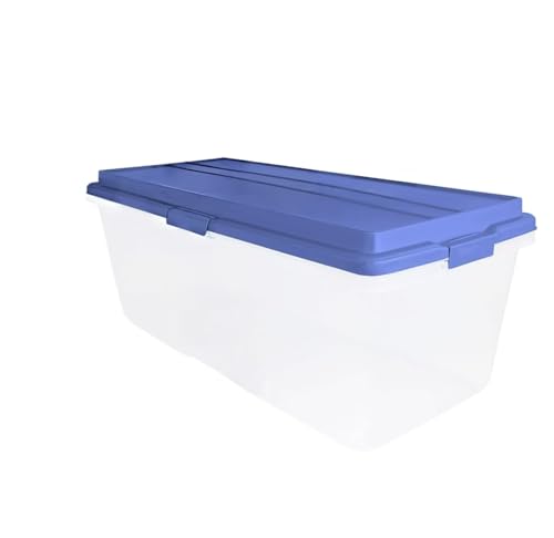 113 Qt Clear Stackable Latching Storage Bin with Smoke Blue Lid Large Storage Bins With Lids 36x16.8x14.2 Inches for Home & Garage Organization