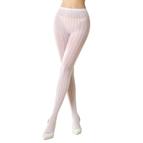 MANZI Women's Hollow Out Knitted Patterned Tights White Lace Fishnet Stockings Vertical Strips Pantyhose with High Waist