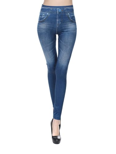 Onsoyours Leggings Imitation Jean Femme Leggings Taille Haute Ceinture Elastiquée Slim Jeggings Extensible Pantalon de Crayon G Bleu M