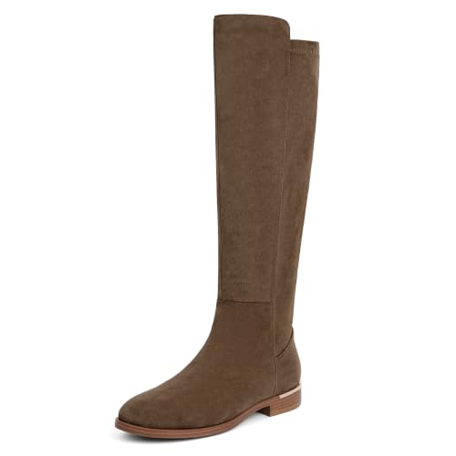 Image of Modatope Rounded Toe Flat Stretchy Dress Knee High Boots Side Zipper | Suede Elastic Fall Winter Boots, Low Chunky Block Heel Riding Boots,2026 Fashion Womens Tall Long Boots