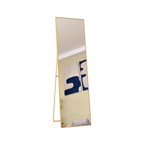 NLDGR Specchio da pavimento minimalista, con supporto, con cornice e vetro temperato, per pavimento, tutto il corpo, per camera da letto (oro, 140 x 40 cm)