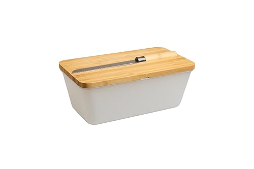 MOON KITCHEN HOME Brotkasten mit Messer - Airlock White, aus FSC®-zertifizierter Bambus/Holz, PP-Kunststoff, Brotmesser aus Edelstahl mit Bambusgriff, hält Brot länger frisch, 35 x 20 x 15 cm