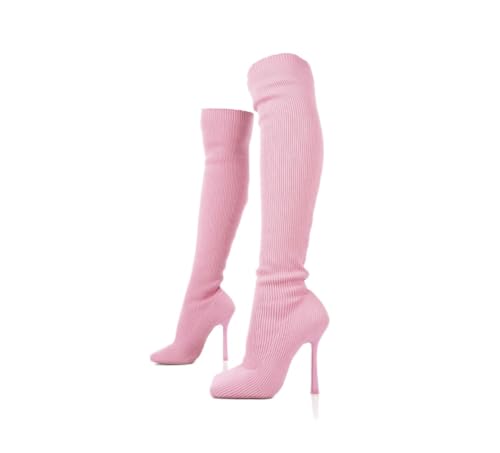 Women’s Casual Stylish Knee High Boots Artificial Suede Inner Pointy-toe Lace-up Zipper Mid Heel Stretch Legs Comfort for Walking