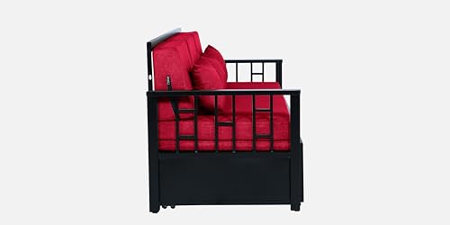 Image of Horrim 3 Seater Metal Sofa Cum Bed with Hydraulic Storage | Queen Size Sofa Cuma Bed | 3 Seater Sofa Set, Metal Sofa Set for Living Room (Matte Black Finish with Red Cushion)