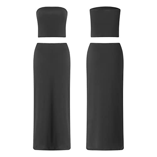 Passec Vintage Lace Maxi Skirt Set Women 2 Piece Outfit Strapless Split Tube Top and Maxi Skirt Set Going Out