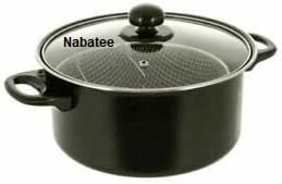 Non Stick 24cm Chip Pan Set  Black Steel Home Kitchen Deep Fat Frying Mesh Basket with Glass Lid  Two Cool Touch Easy Carry Handles, hip Pan Deep Fat Fryer Cooking Pot Frying Basket With Glass Lid