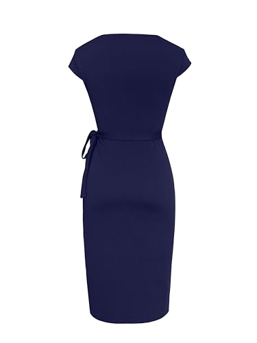 Image of Women's Vintage Cap Sleeves Asymmetrical Neckline Sheath Bodycon Casual Work Cocktail Party Pencil Faux Wrap Dresses