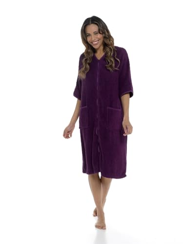 Image of Women's 100% Cotton Terry Zip Bathrobe - Short Sleeve Toweling Robe & Absorbent Housecoat