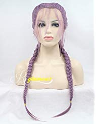 Riglamour Pigtail Wig Purple Double Braids Lace Front Wig with Baby Hair Middle Parting Long Synthetic Wigs for Women (Purple)