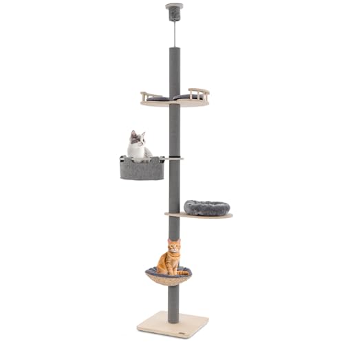 FANTASK Kratzbaum deckenspanner, 236- 271 cm, 5 Etagen bis zur Decke reichender Katzenturm, Katzenkratzbaum mit Hängematte & Korb & Bett, Katzen Katzenmöbel Holz (Grau)