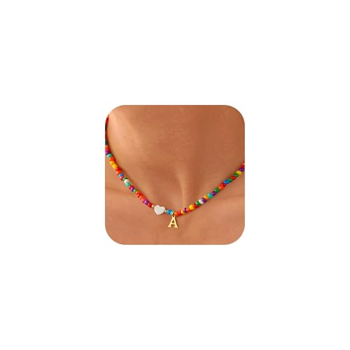 Fimhut Valentines Day Gifts for Kids Women Girls - Colorful Beaded Initial Necklace Teen Girls Trendy Stuff Dainty Letter A Choker Necklace Birthday Gifts for Her Family Jewelry