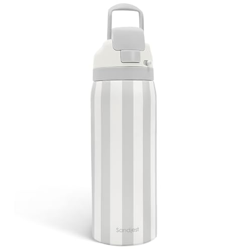 Image of Stripe Insulated Stainless Steel Water Bottle with Straw for Sports and Travel, 32oz, Gifts for Women Girls Friends Teens Birthday Christmas (Grey)