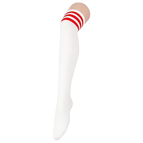 Durio Chaussettes pour femme Cuissard Chaussettes Longues Bas au-dessus du genou Rayé Chaussettes Fille, Weiß mit Rote Streifen, taille unique Cover
