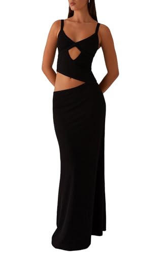 Image of NUFIWI Women Bodycon Spaghetti Strap Cutout Maxi Dress Hollow Sexy Fitted Dresses Sleeveless Stretch Slip Long Dress